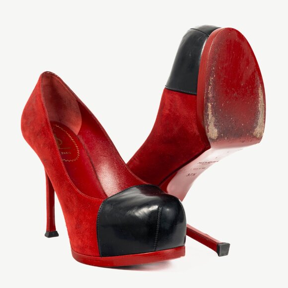 Yves Saint Laurent Tribtoo 80 Platform Poppy Suede & Nero Cap-Toe Pumps - Picture 4 of 9
